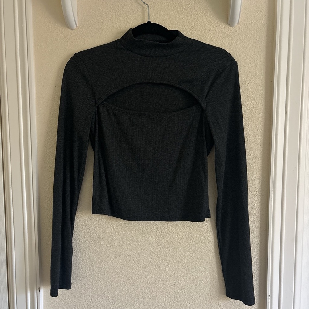 Forever 21 Dark Gray Cutout Mock Neck Long Sleeve Top